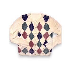 Vintage Chenille Argyle Plush Knit Cardigan Size S/M